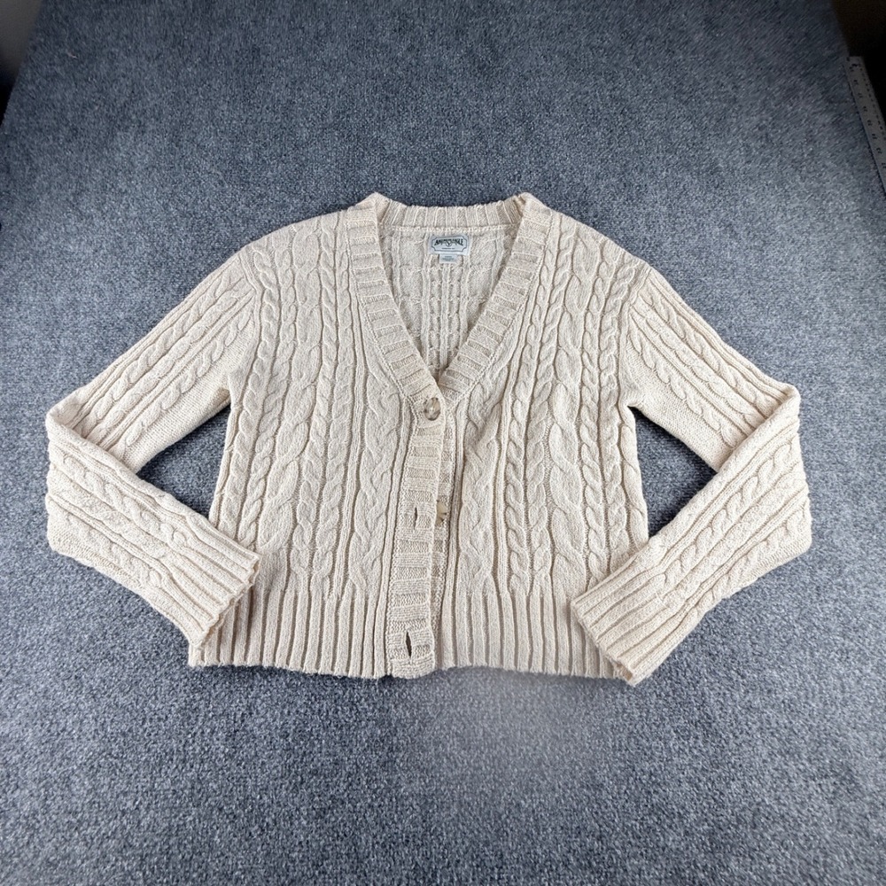 American Eagle Cream Cable Knit V-Neck Button Front Cropped Cardigan Sweater S